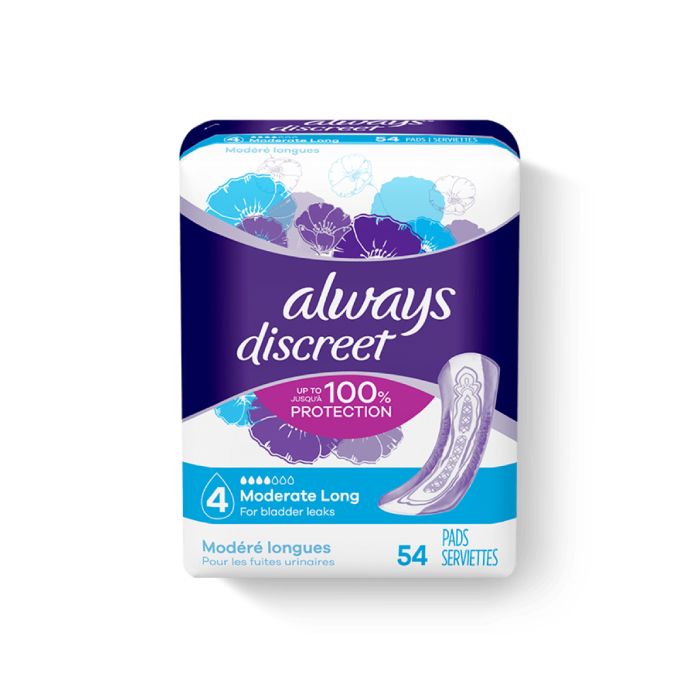Discreet Incontinence Pads, Moderate Absorbency, Long Length, 54